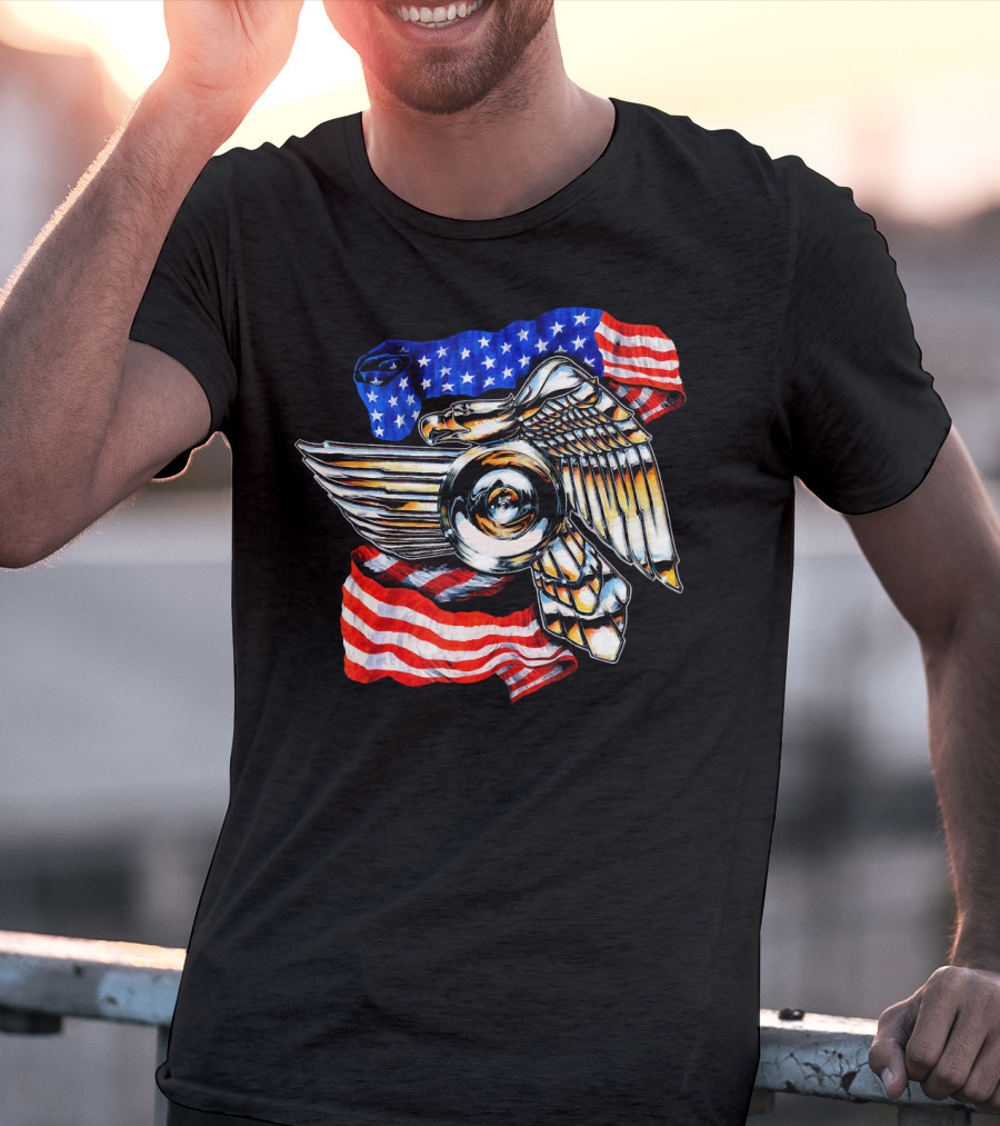 American Motorcycle Biker Eagle Emblem With Flag Wings T-Shirt