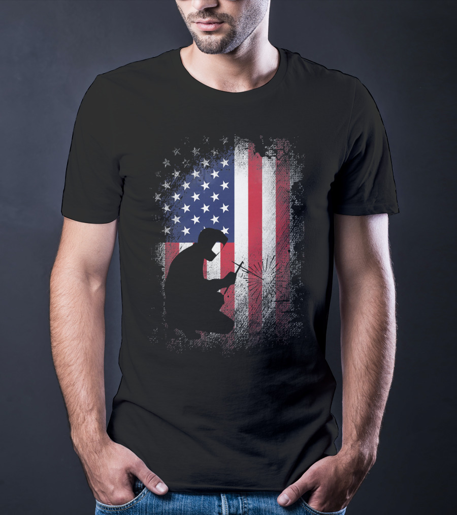Welder Silhouette With American Flag USA Patriotic T-Shirt