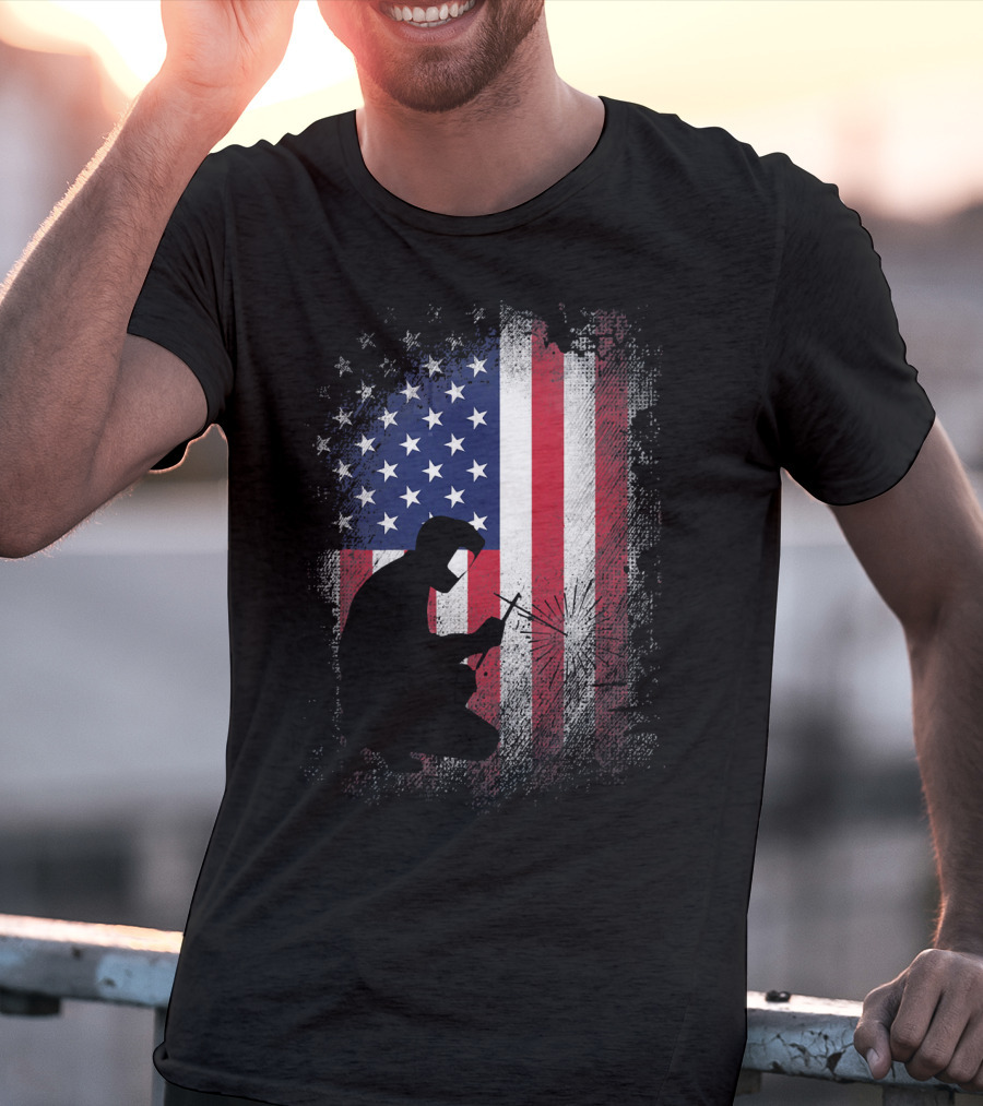 Welder Silhouette With American Flag USA Patriotic T-Shirt