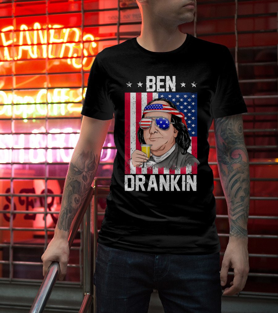 Ben Drankin American Flag Shades And Stars With Beer T-Shirt