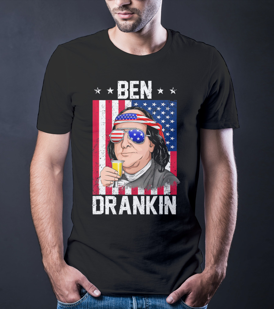 Ben Drankin American Flag Shades And Stars With Beer T-Shirt