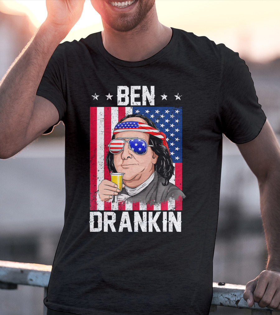 Ben Drankin American Flag Shades And Stars With Beer T-Shirt