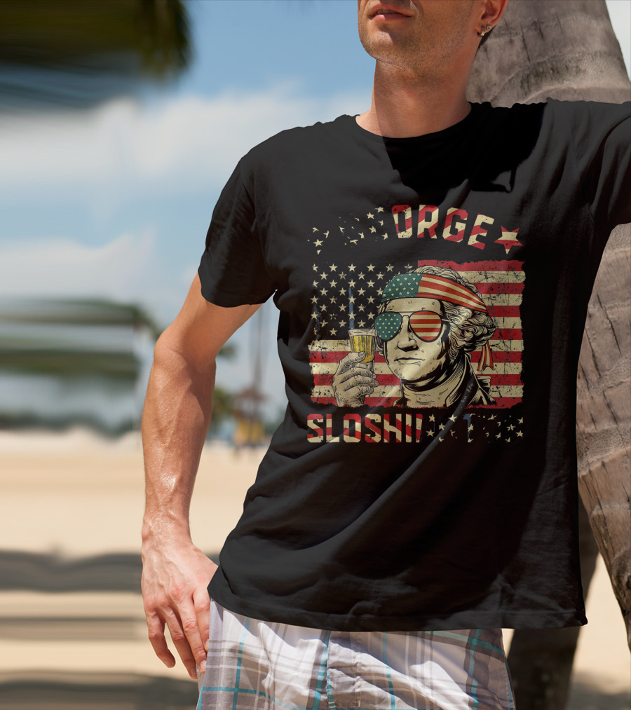 George Sloshington American Flag Aviator With Beer And Headband T-Shirt