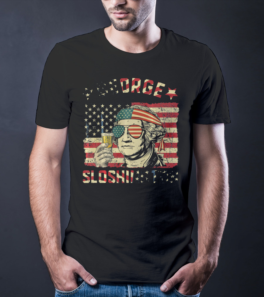 George Sloshington American Flag Aviator With Beer And Headband T-Shirt