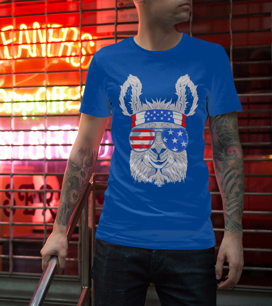 Patriotic Llama With American Flag Sunglasses And Headband For USA Independence Day T-Shirt