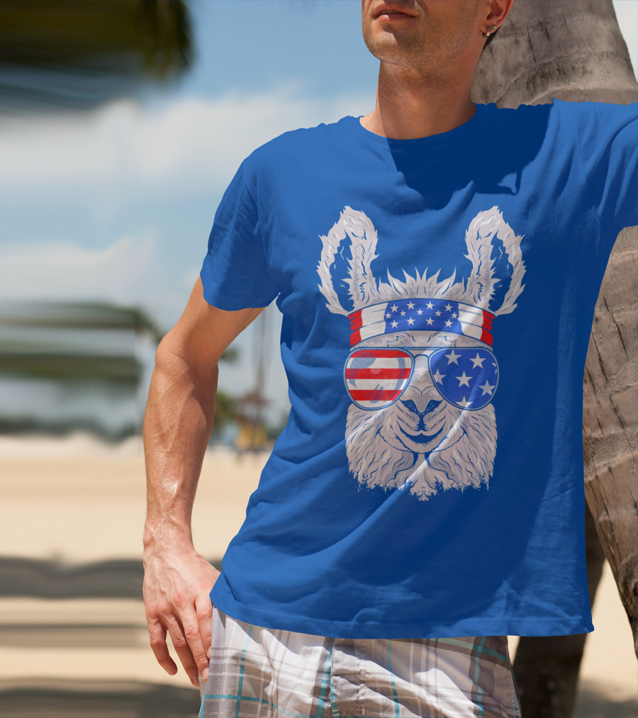 Patriotic Llama With American Flag Sunglasses And Headband For USA Independence Day T-Shirt