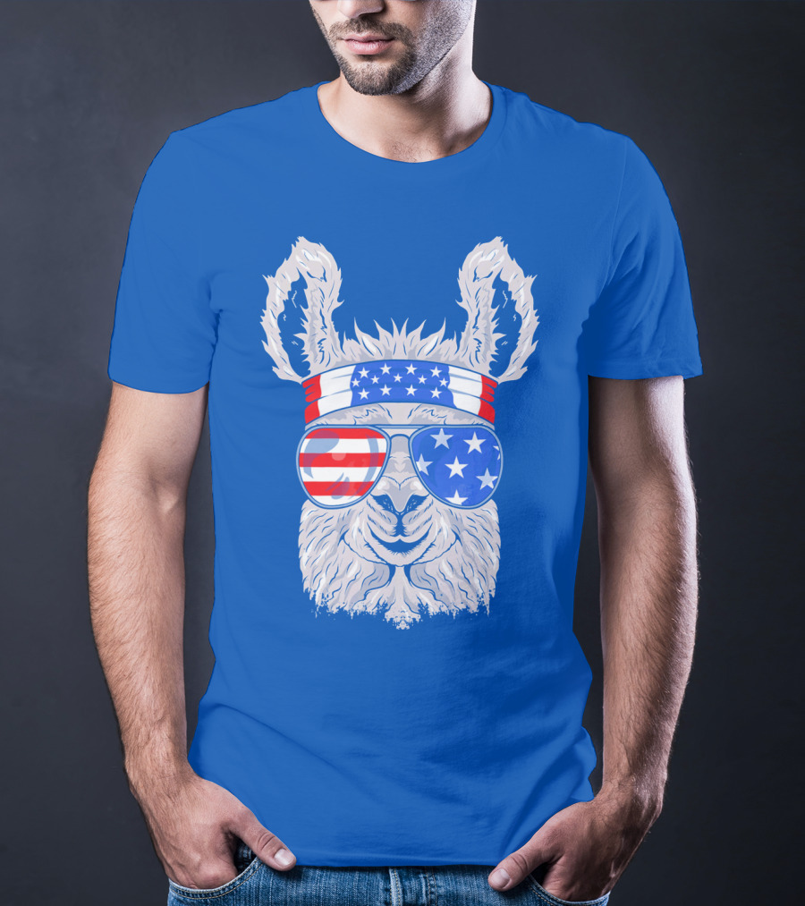Patriotic Llama With American Flag Sunglasses And Headband For USA Independence Day T-Shirt