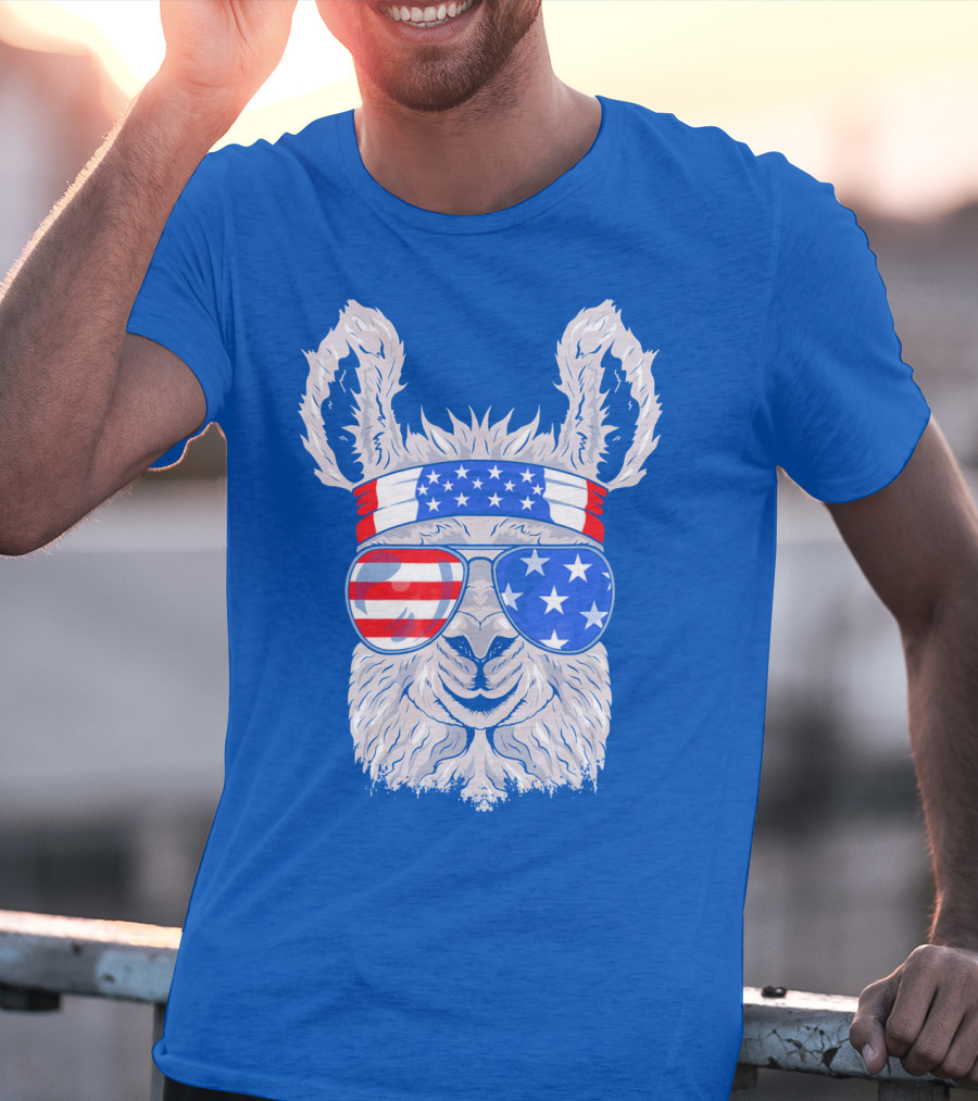 Patriotic Llama With American Flag Sunglasses And Headband For USA Independence Day T-Shirt