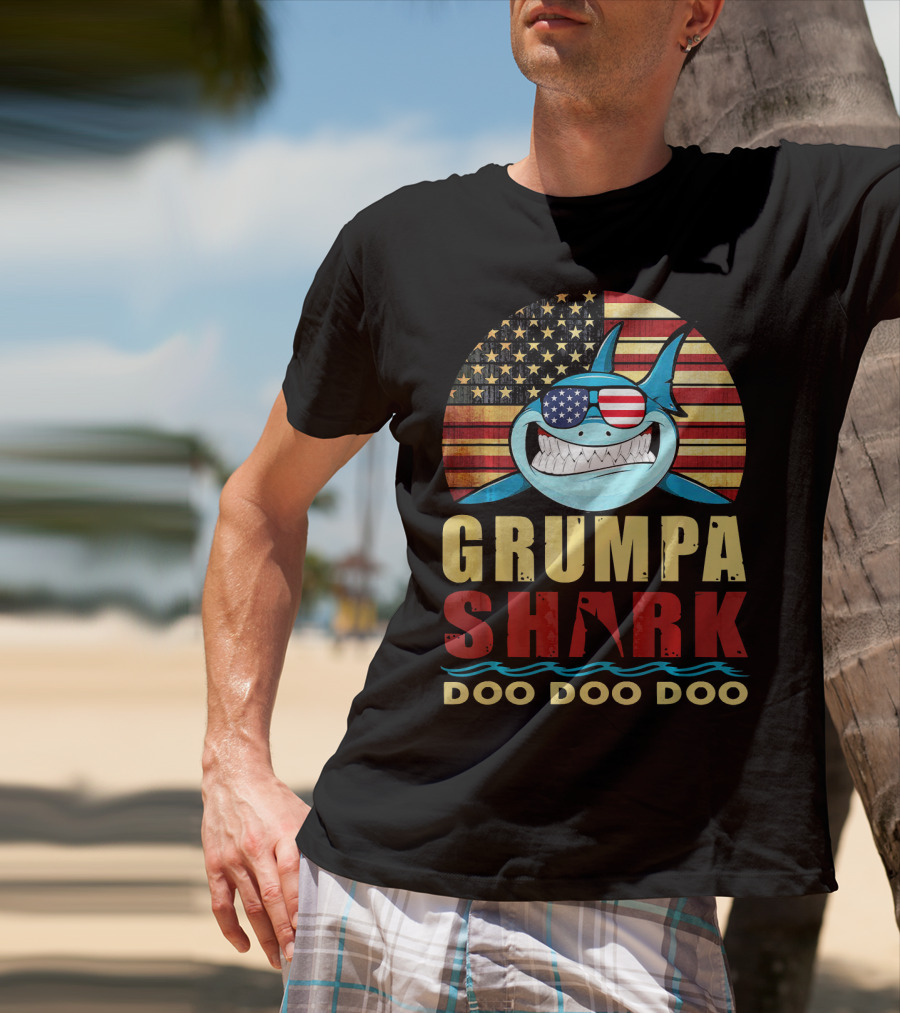 Grumpa Shark Doo Doo Doo American Flag T-Shirt