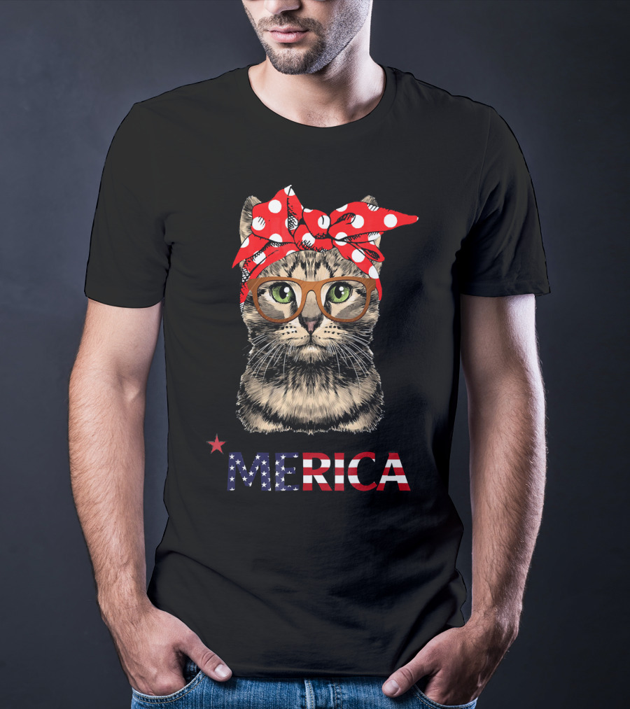 Merica Cat Red Bandana USA Flag Glasses T-Shirt