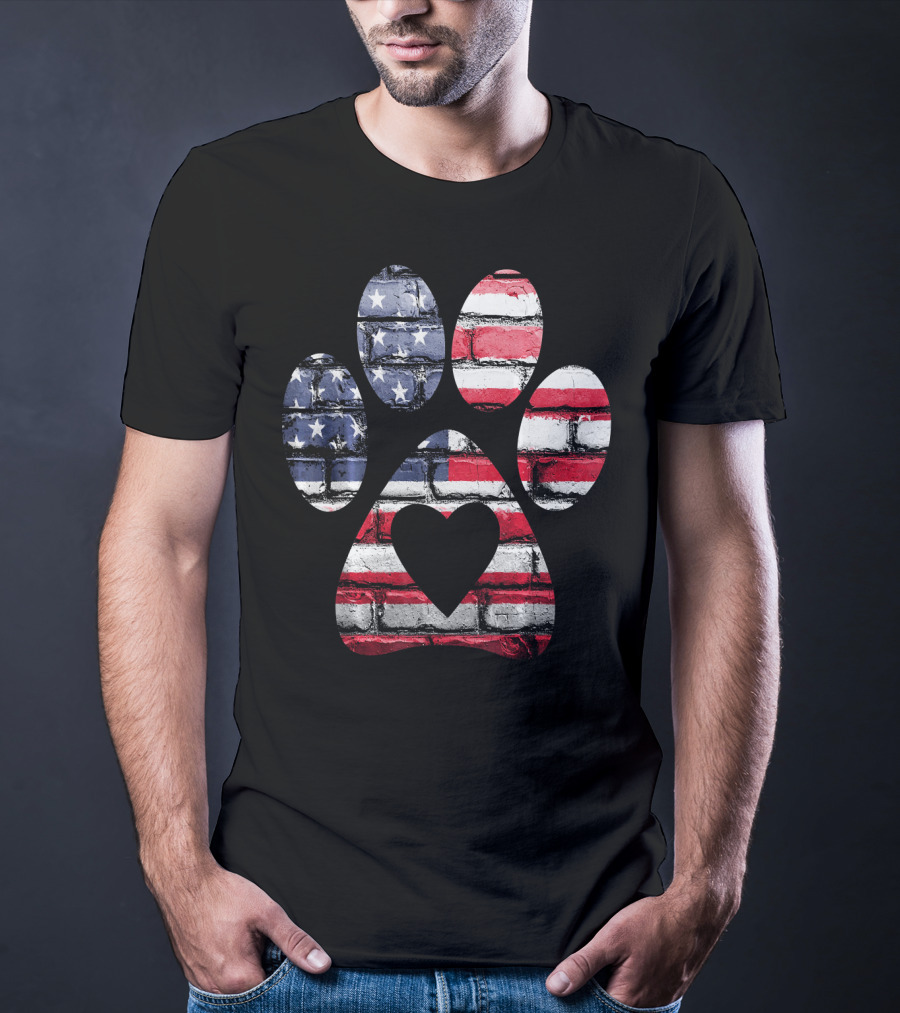 Patriotic Dog Paw With American Flag Heart T-Shirt