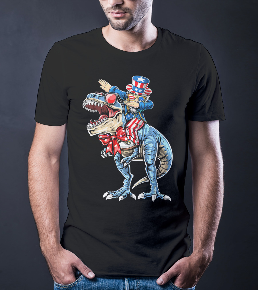 Dabbing Uncle Sam On Dinosaur With Patriotic Stars And Stripes Hat And Sunglasses T-Shirt