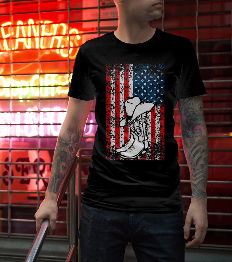 Cowboy Hat Boots American Flag Patriotic T-Shirt