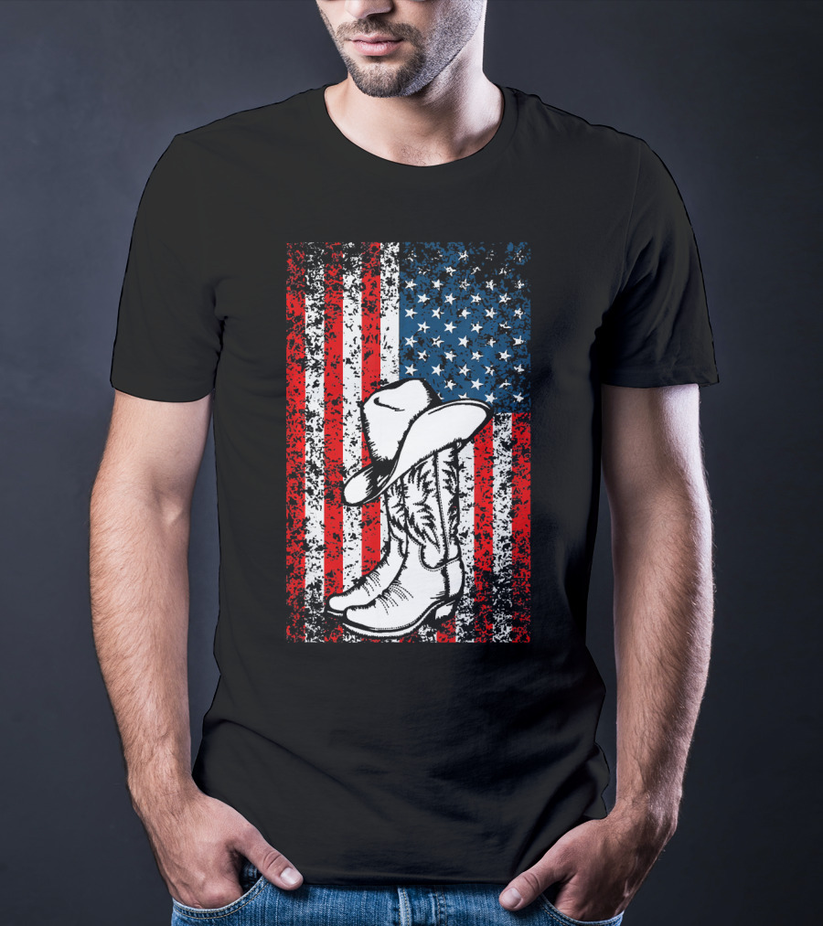 Cowboy Hat Boots American Flag Patriotic T-Shirt