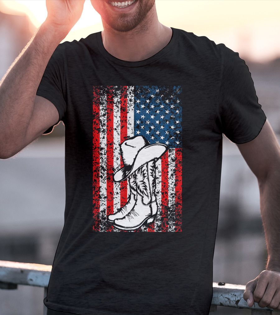 Cowboy Hat Boots American Flag Patriotic T-Shirt