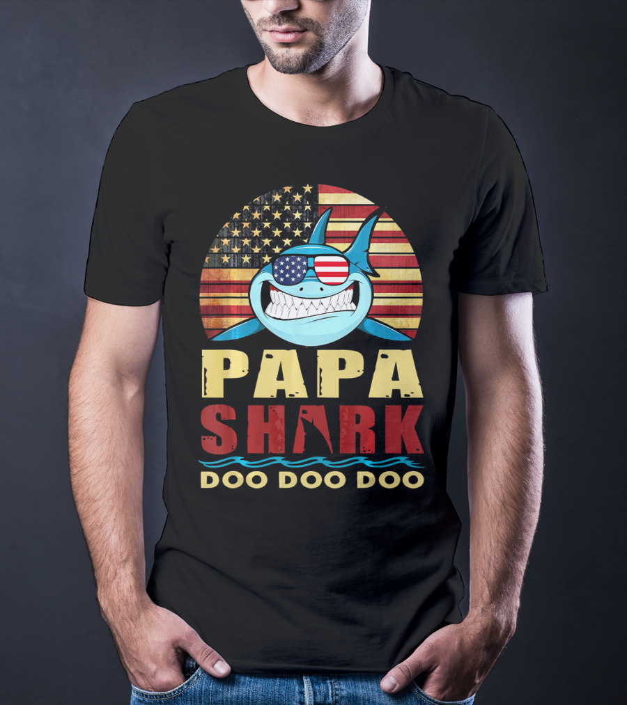 Papa Shark American Flag Doo Doo Doo T-Shirt