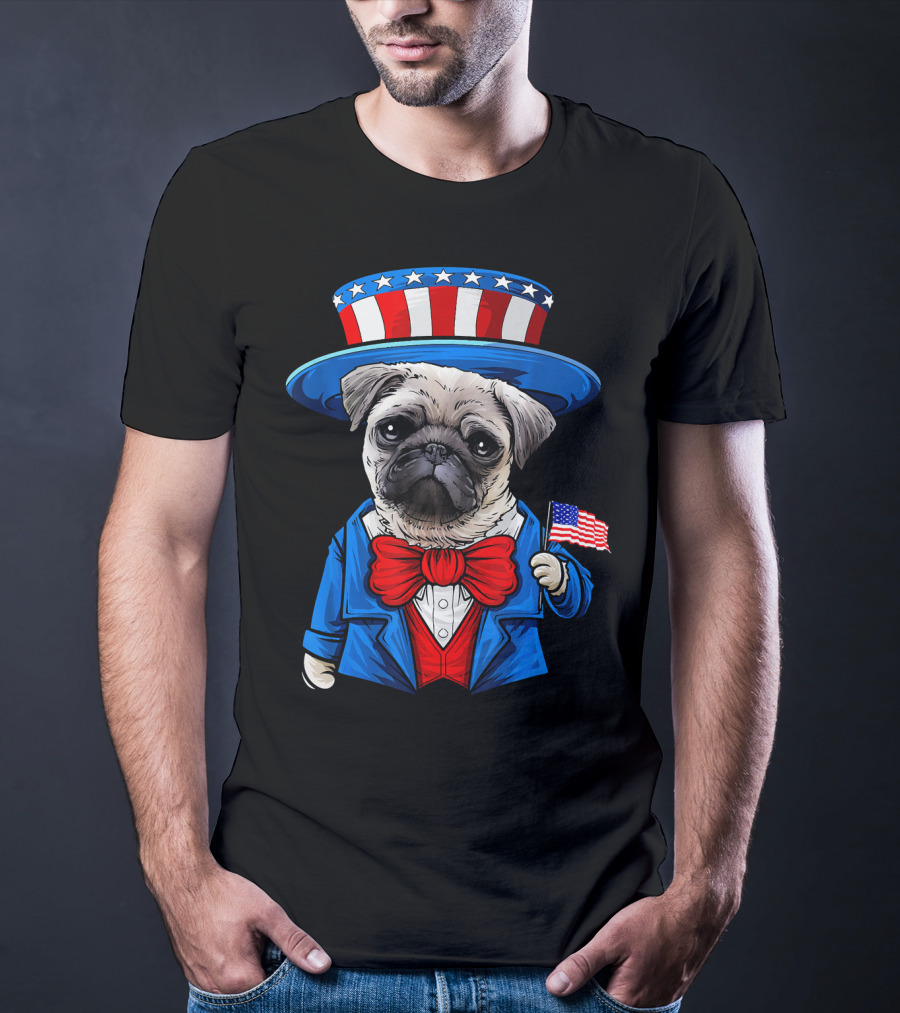Uncle Sam Pug Holding American Flag Fourth Of July Dog Humor T-Shirt