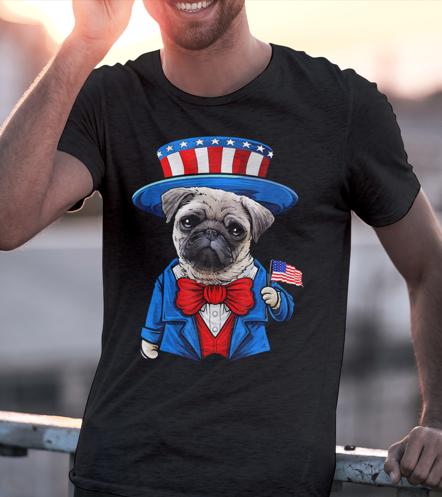 Uncle Sam Pug Holding American Flag Fourth Of July Dog Humor T-Shirt