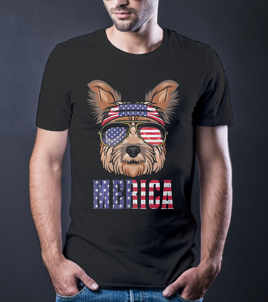 Yorkie Dog Merica American Flag Sunglasses Bandana T-Shirt