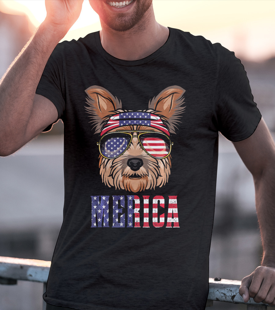 Yorkie Dog Merica American Flag Sunglasses Bandana T-Shirt