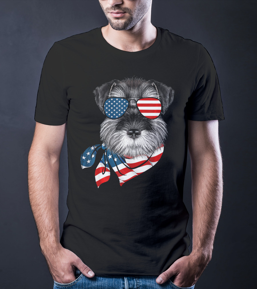 Schnauzer With American Flag Sunglasses And Scarf Patriotic T-Shirt