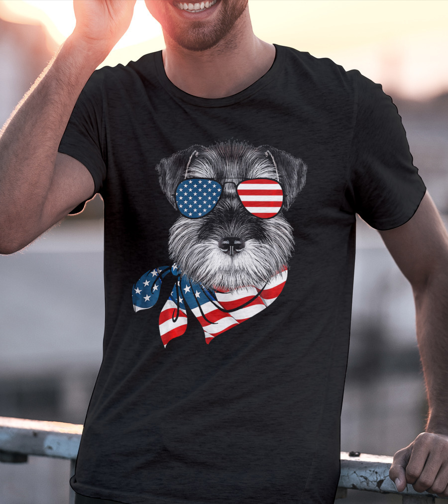 Schnauzer With American Flag Sunglasses And Scarf Patriotic T-Shirt