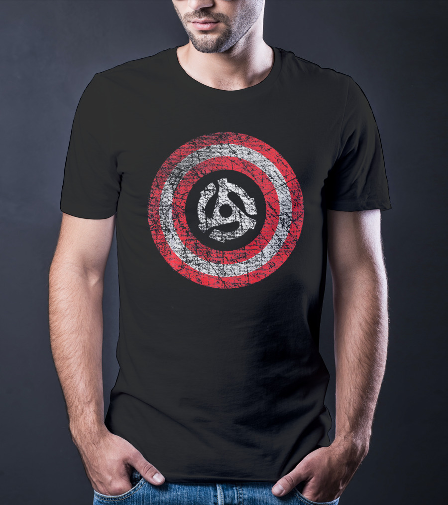 Patriotic Distressed Vinyl 45 RPM Adapter Red White Stripes T-Shirt