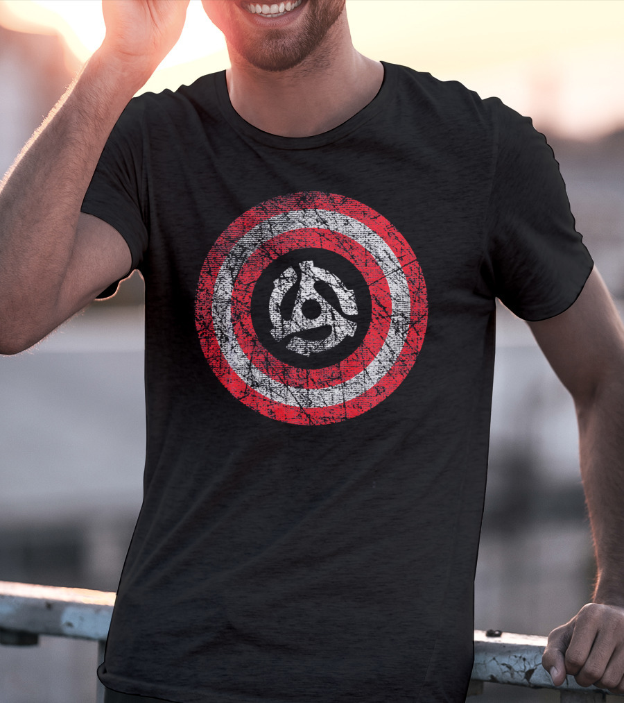 Patriotic Distressed Vinyl 45 RPM Adapter Red White Stripes T-Shirt