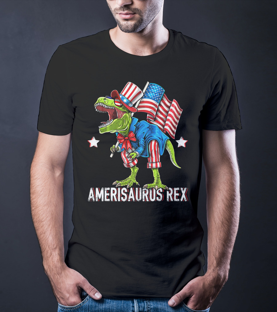 Amerisaurus Rex Dinosaur Uncle Sam Costume Fourth Of July Patriotic T-Rex T-Shirt