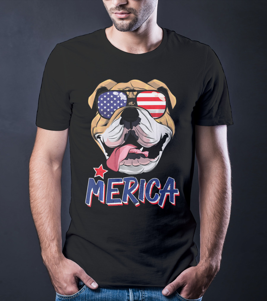 English Bulldog Merica Sunglasses Fourth Of July T-Shirt