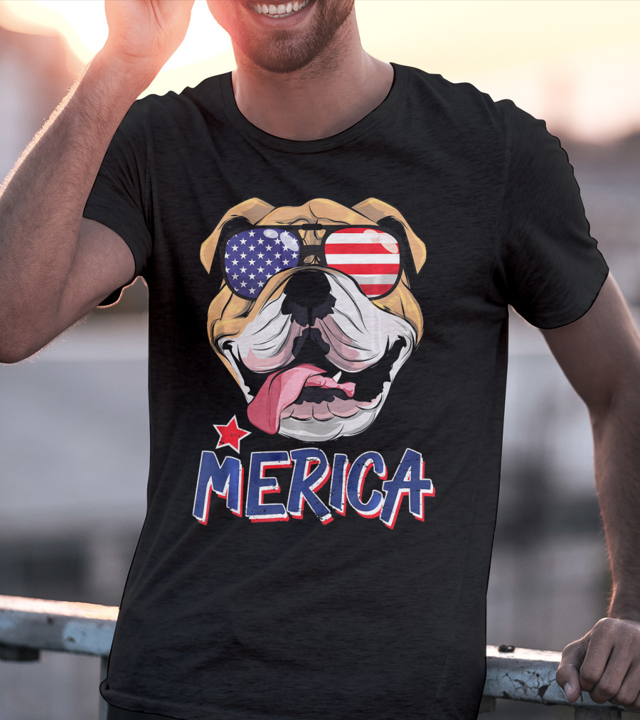 English Bulldog Merica Sunglasses Fourth Of July T-Shirt