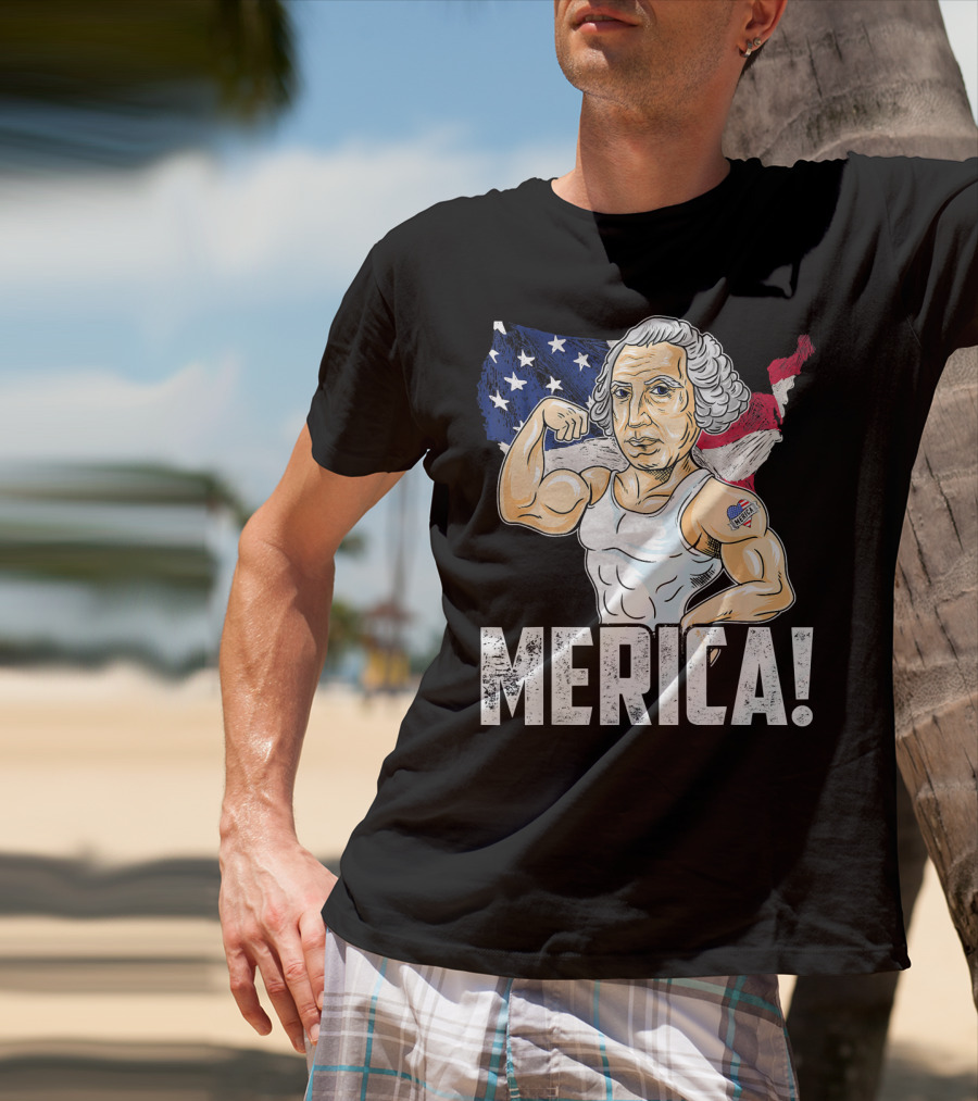 George Washington Muscles Merica USA Flag Background T-Shirt