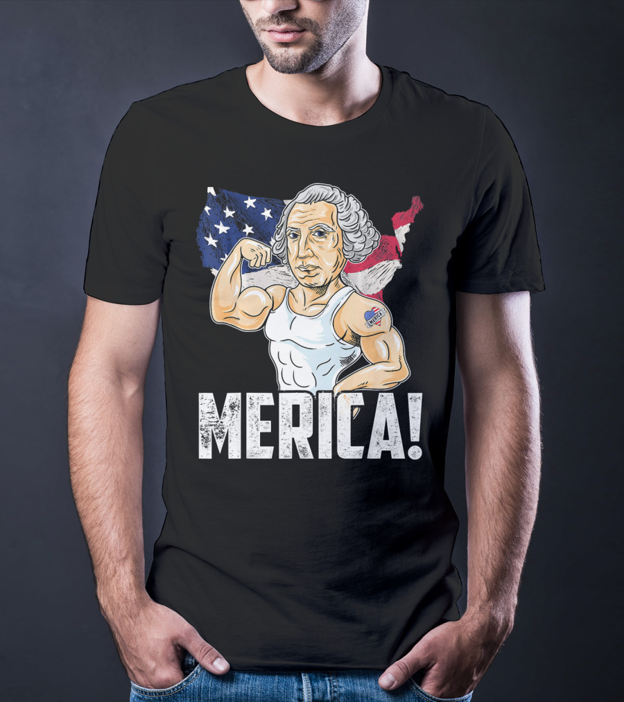 George Washington Muscles Merica USA Flag Background T-Shirt