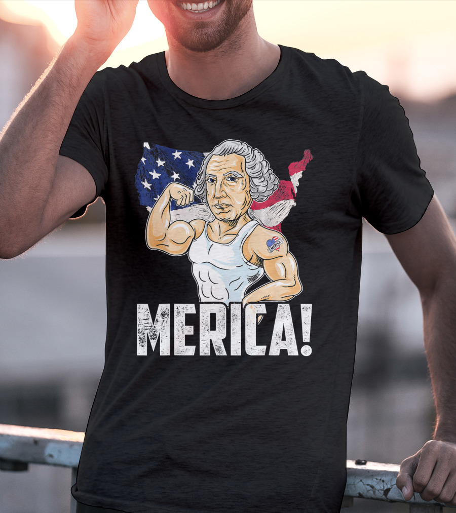George Washington Muscles Merica USA Flag Background T-Shirt
