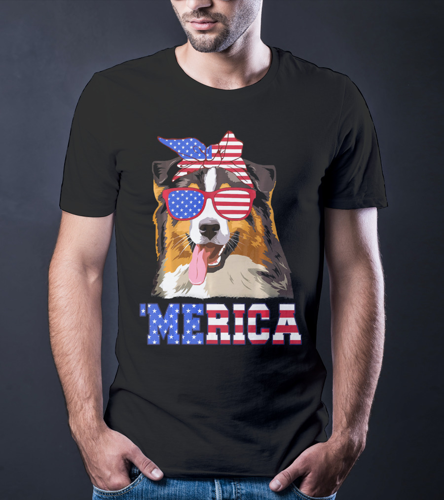 Aussie Dog Mom 'Merica American Flag Sunglasses And Bandana T-Shirt