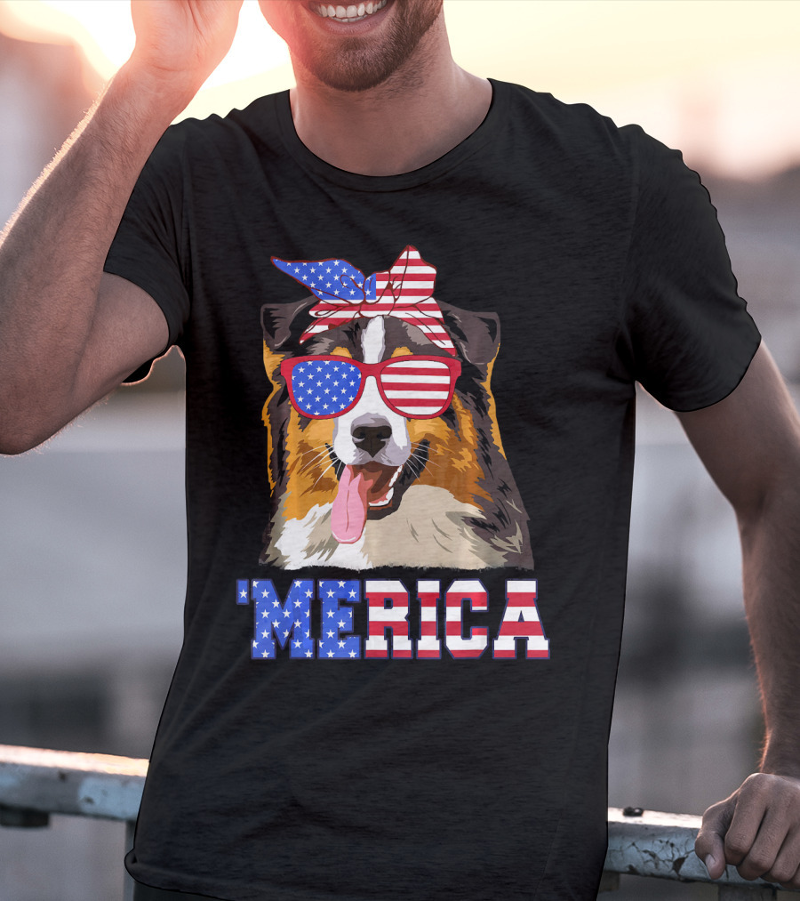 Aussie Dog Mom 'Merica American Flag Sunglasses And Bandana T-Shirt