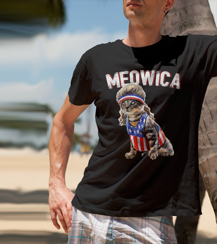 Meowica Cat Mullet American Flag Headband Stars And Stripes Tank Top T-Shirt