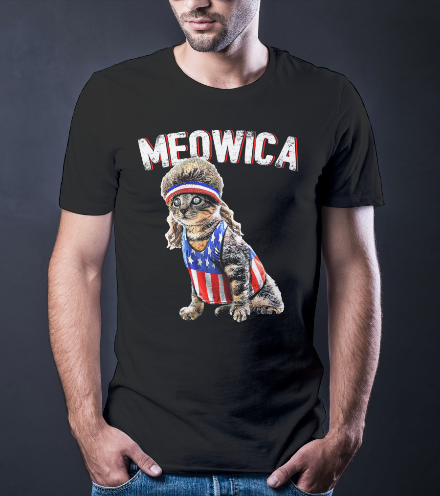 Meowica Cat Mullet American Flag Headband Stars And Stripes Tank Top T-Shirt