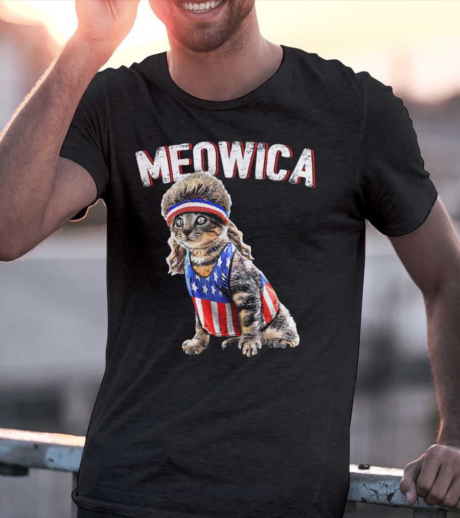 Meowica Cat Mullet American Flag Headband Stars And Stripes Tank Top T-Shirt