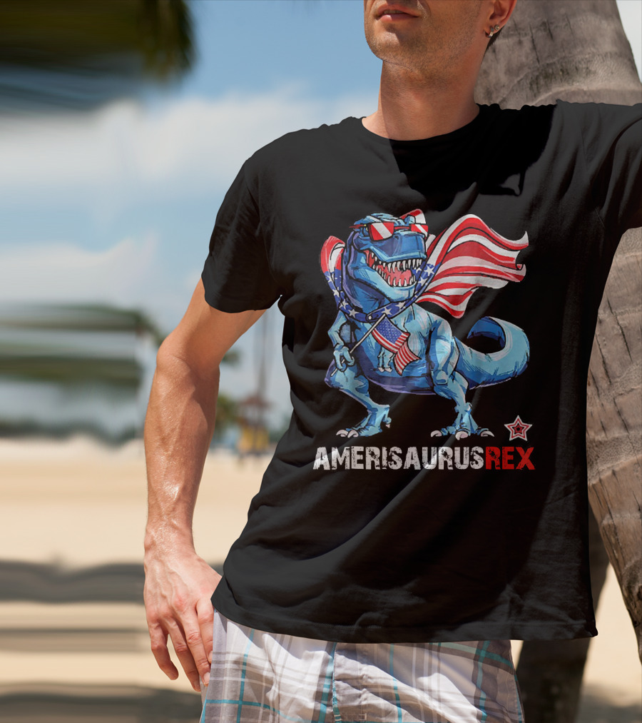 Amerisaurus Rex Patriotic Dinosaur With USA Flag And Stars T-Shirt