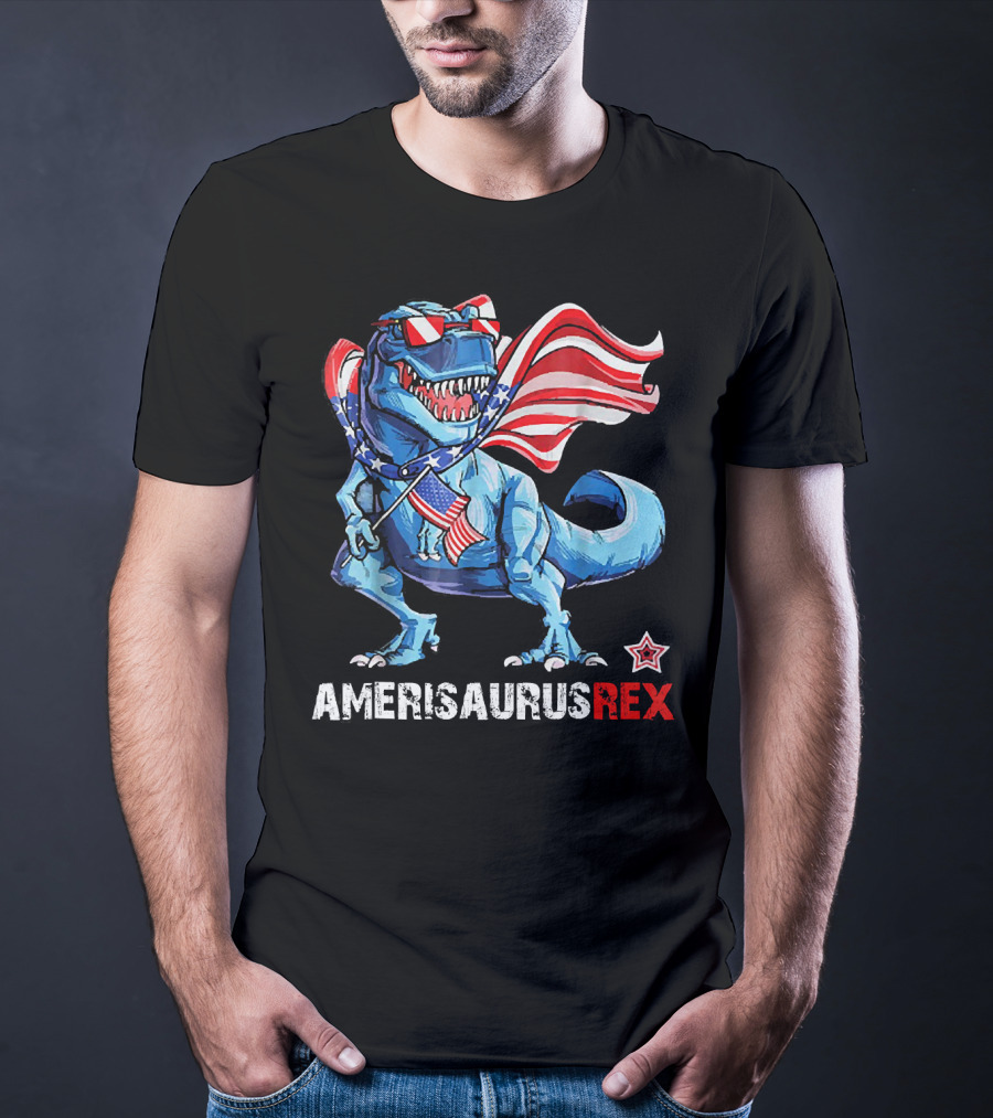 Amerisaurus Rex Patriotic Dinosaur With USA Flag And Stars T-Shirt