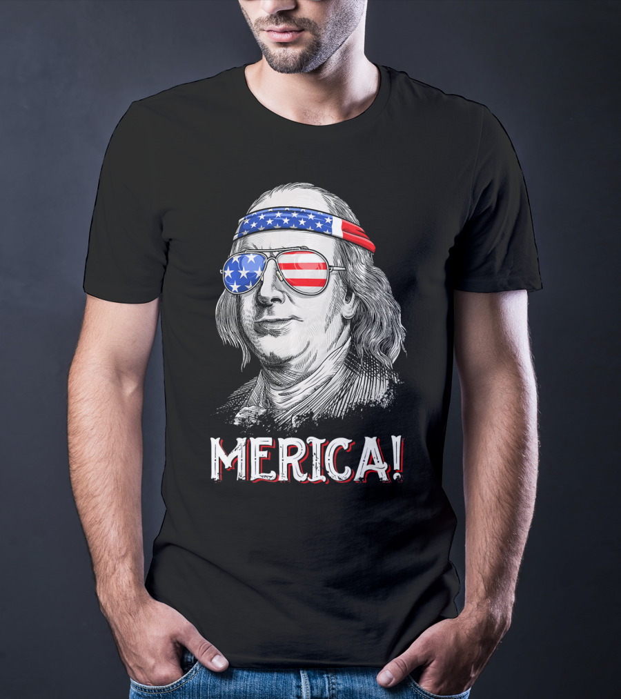Benjamin Franklin Merica Patriotic USA Bandana Sunglasses T-Shirt