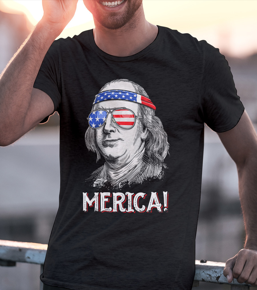 Benjamin Franklin Merica Patriotic USA Bandana Sunglasses T-Shirt