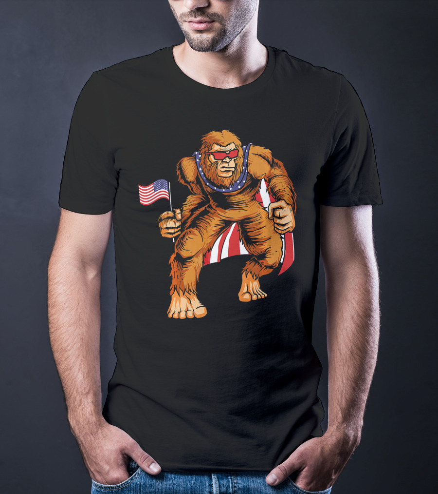 Bigfoot Patriotic American Flag Sunglasses Flag-Waving Stance T-Shirt