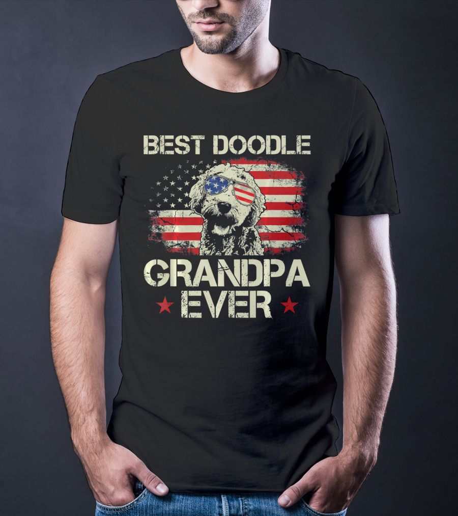 Best Doodle Grandpa Ever USA Flag Sunglasses Dog T-Shirt