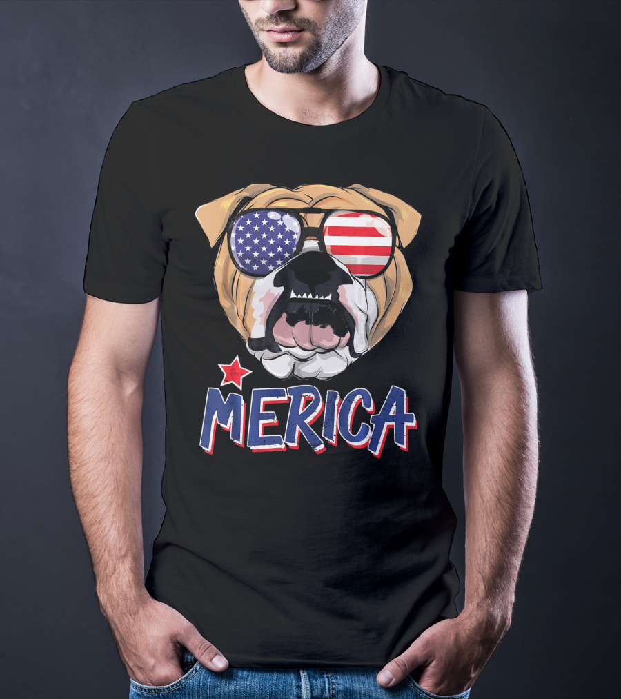 English Bulldog Sunglass Merica American Flag T-Shirt