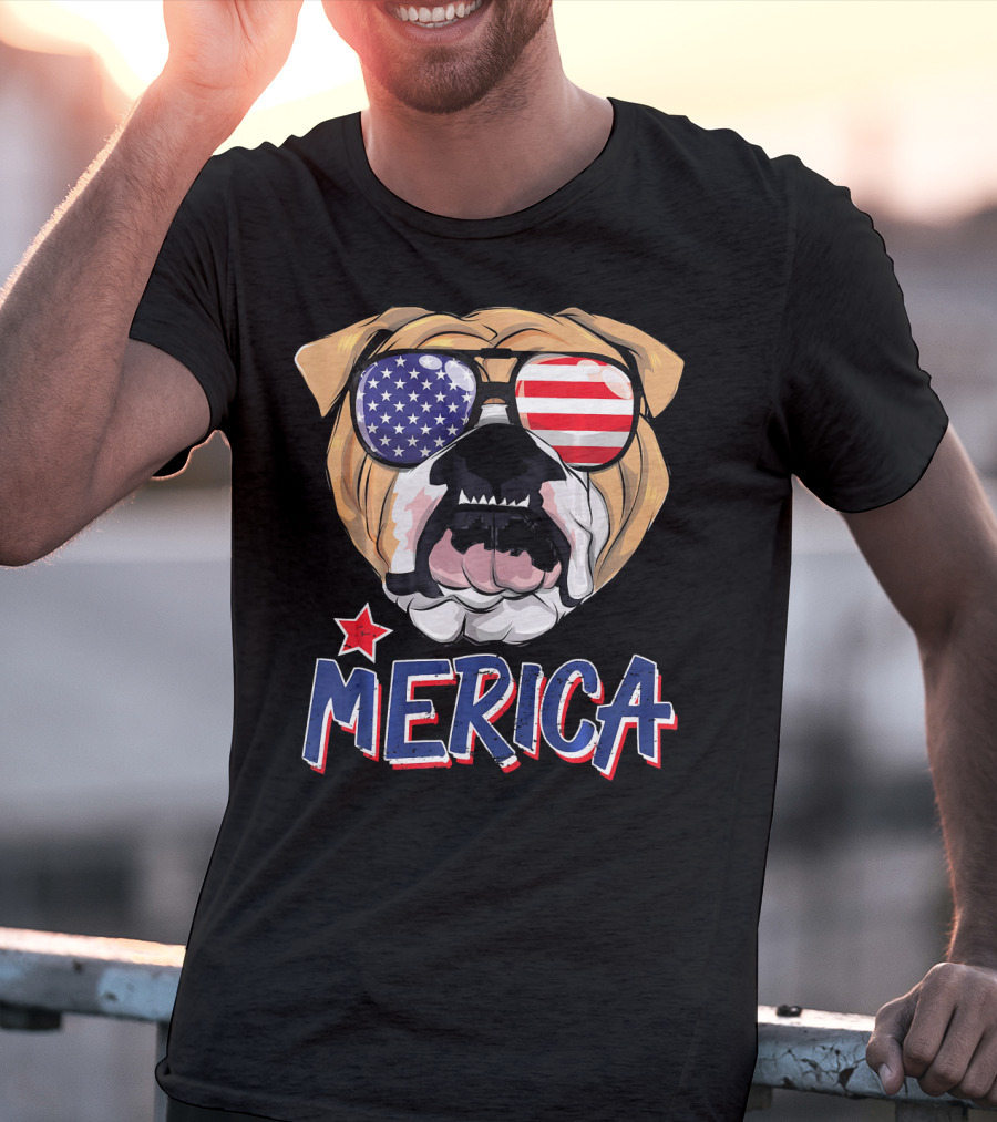 English Bulldog Sunglass Merica American Flag T-Shirt