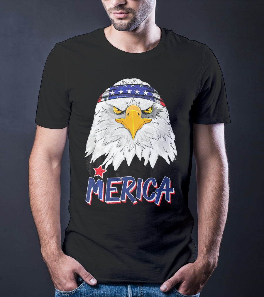 Merica Patriotic American Bald Eagle With Star-Spangled Headband T-Shirt