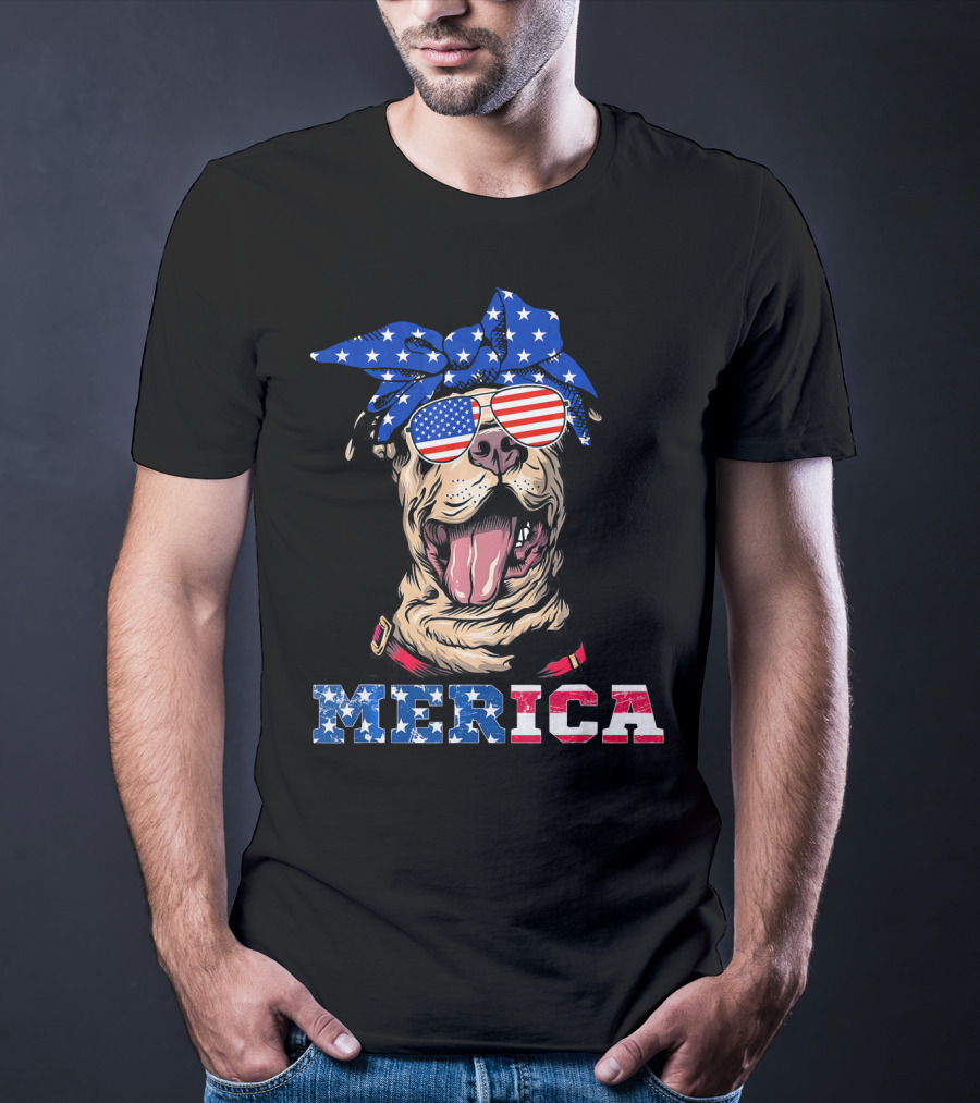 Merica American Flag Pitbull Wearing Bandana And Sunglasses T-Shirt