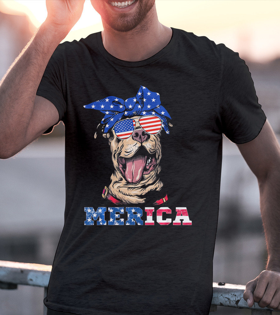 Merica American Flag Pitbull Wearing Bandana And Sunglasses T-Shirt
